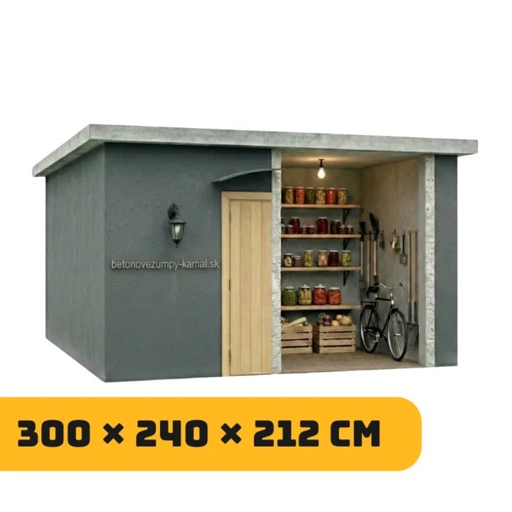 Betónová pivnica s plochou strechou a vstupom na dlhšej strane – (300x240x212cm)