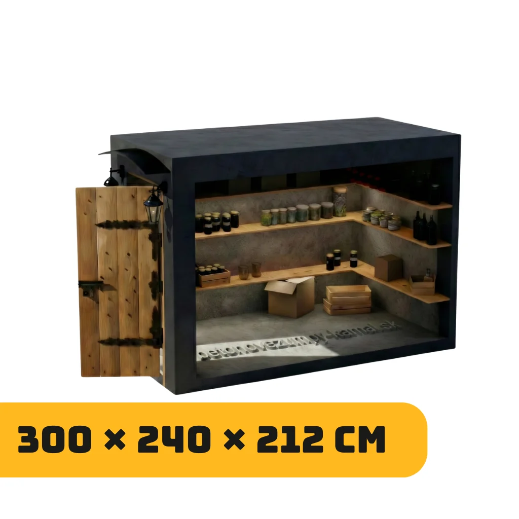 Betónová pivnica s plochou strechou a vstupom na kratšej strane – (300x240x212cm)