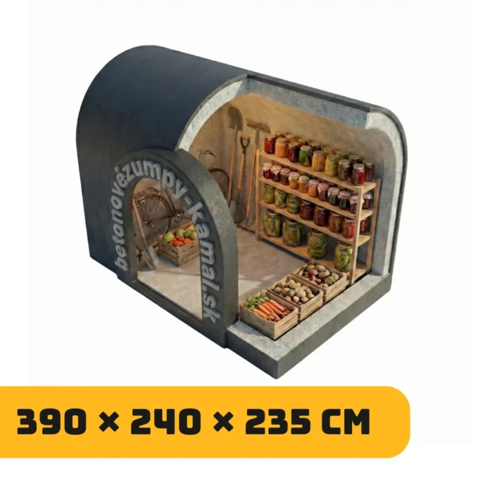 Betónová pivnica s polkruhovou kupolou bez predsienky so vstupom z bočnej strany - (390x240x250cm)