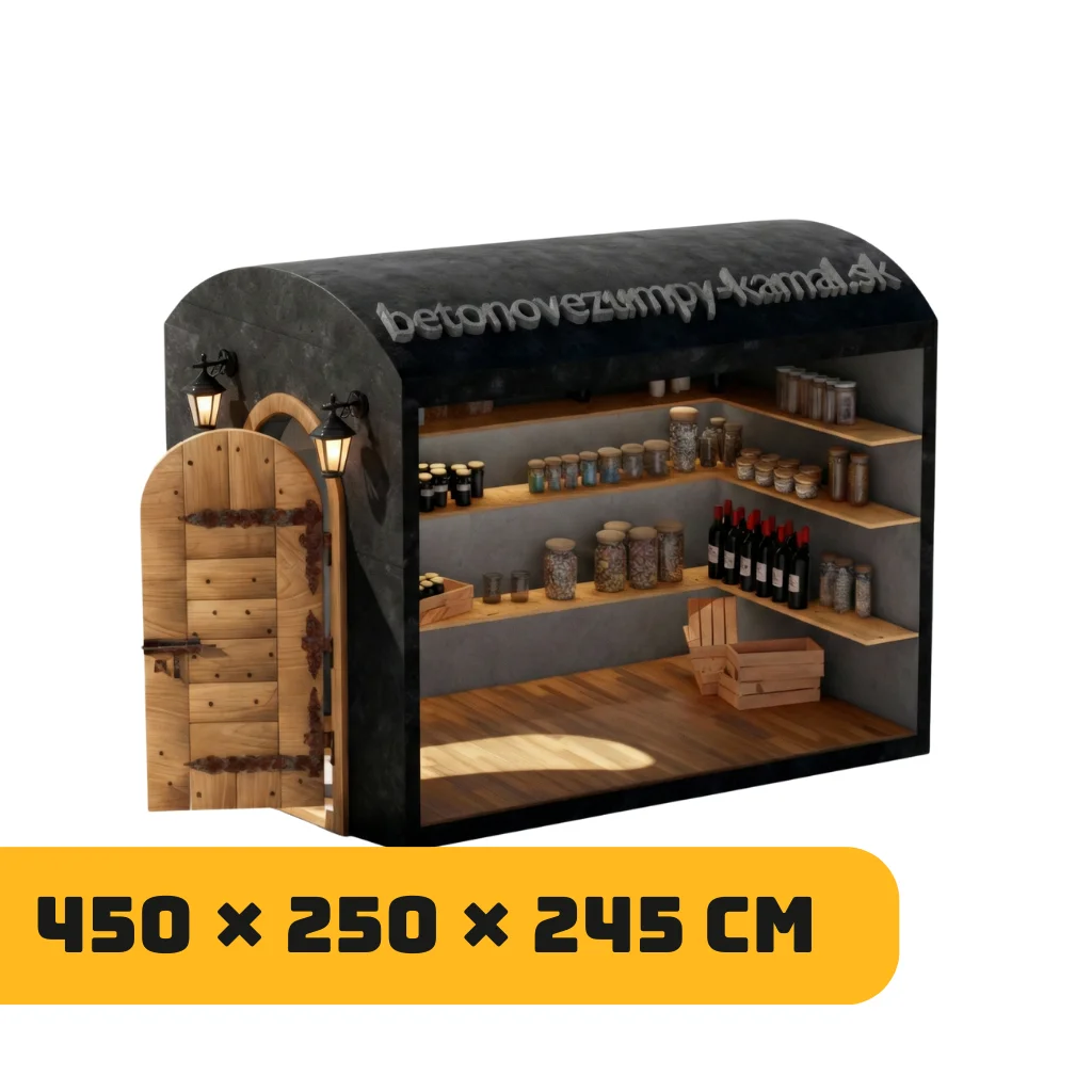 Betónová pivnica s polkruhovou kupolou bez predsienky so vstupom z čelnej strany - (450x250x245cm)