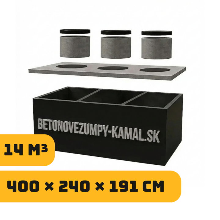 Trojkomorové monolitické nádrže 14m³ – nízká (400×240×191cm)